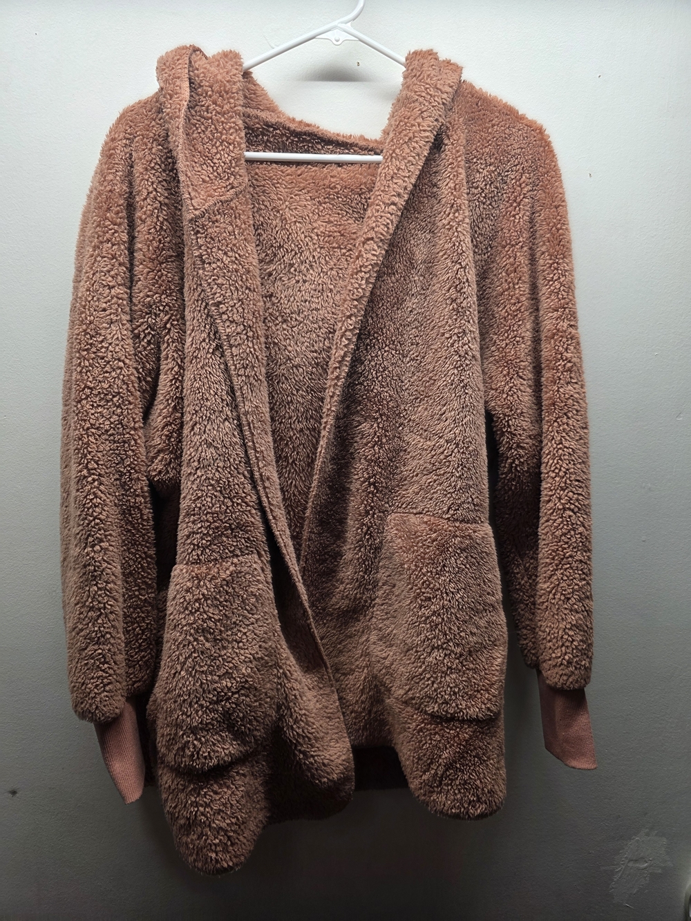 Plush Hooded Teddy Jacket in Taupe